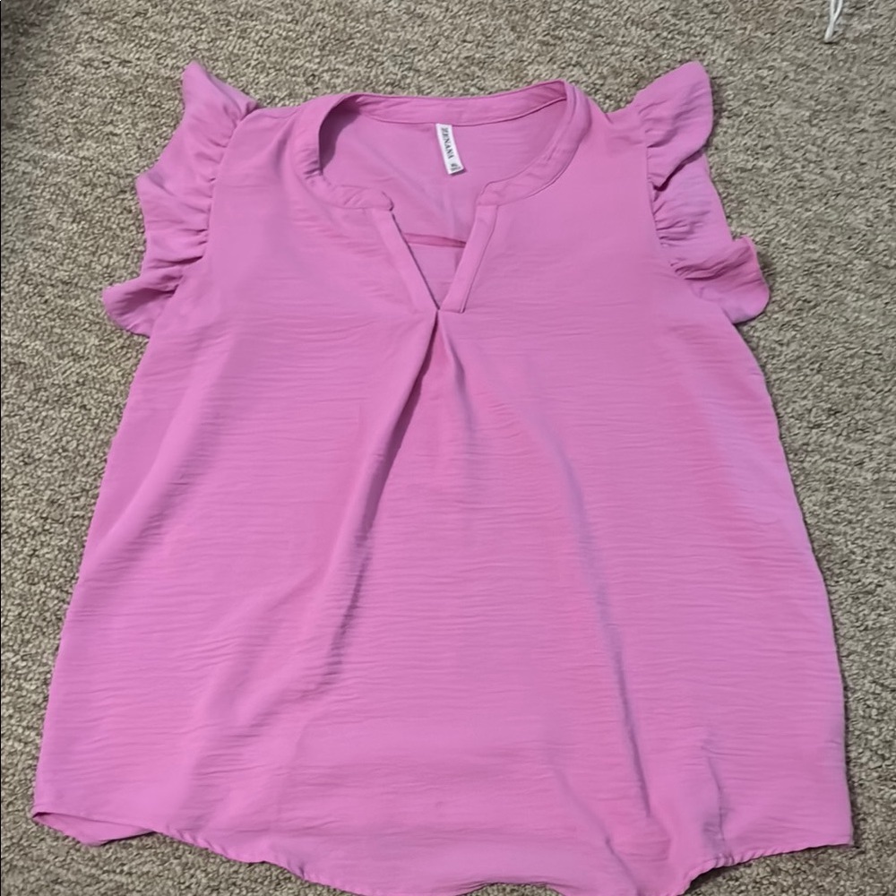 Zenana Outfitters Pink Ruffle Sleeve V-Neck Blouse